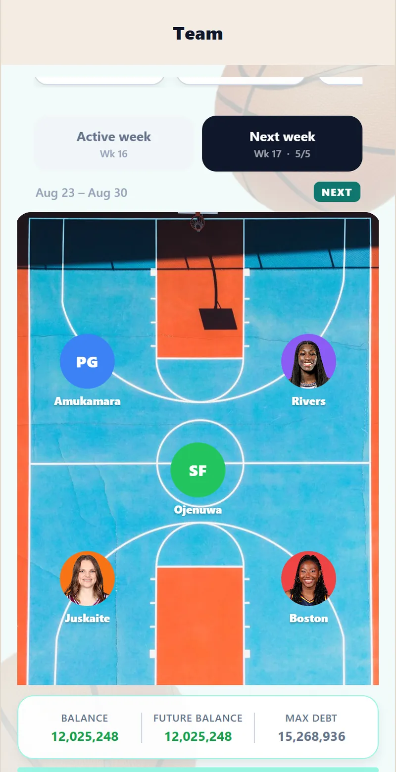 The app showing a starting five laid out on a basketball court.